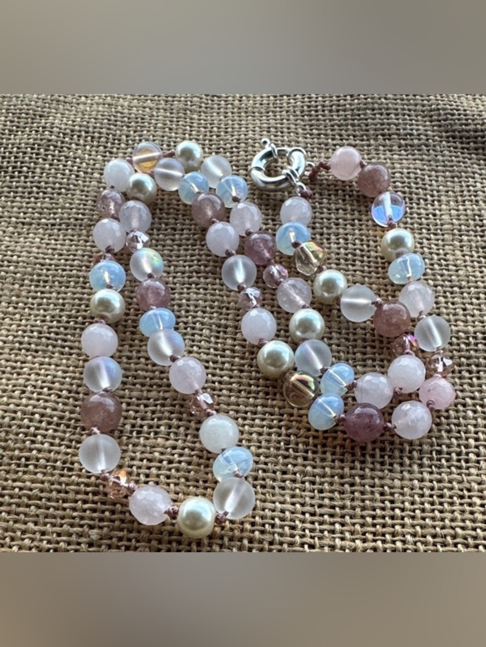 Rose Quartz & moonstone Beads Knotted Necklace Pink Milky Vintage look